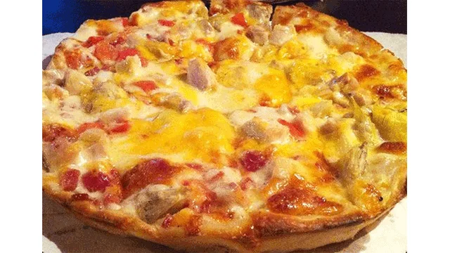 A real Shamrock pizza, baked golden brown with bubbling cheese